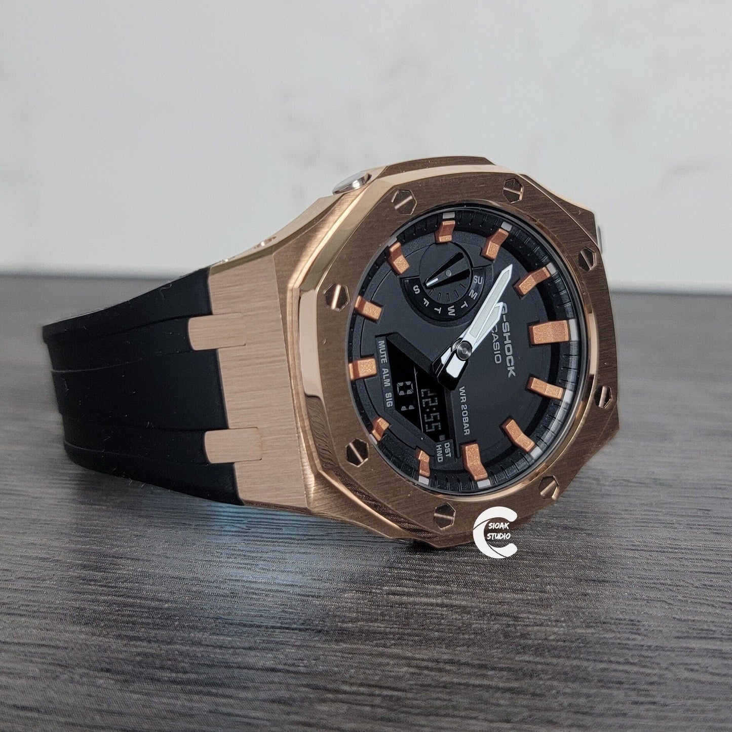 Casioak Mod Watch Rose Gold Case Black Rubber Strap Black Rose Gold Time Mark Black Dial 44mm- Casioak Mod Casio G-Shock Royal Oak Custom Mens Luxury Watches Ga2100