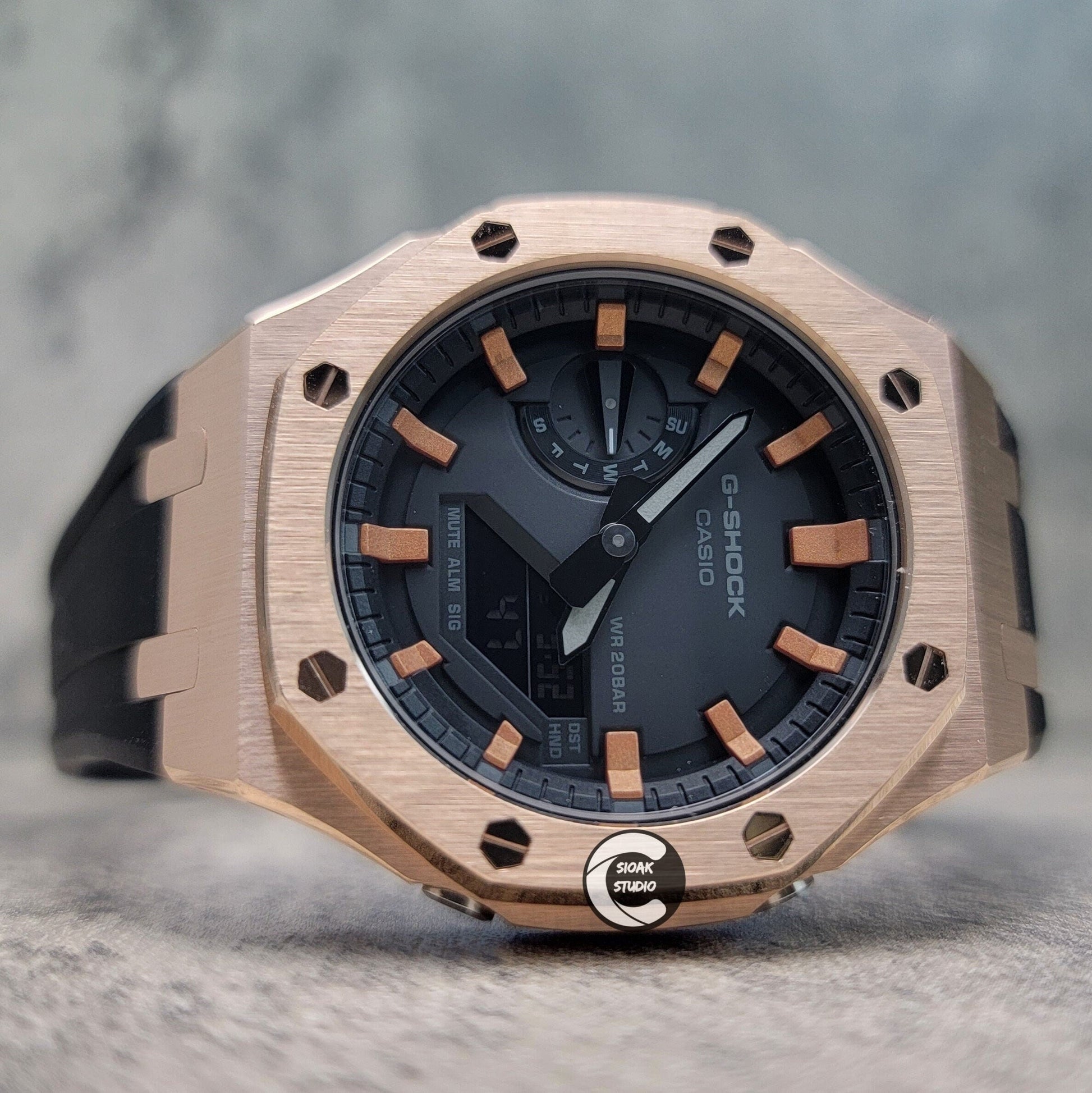 Casioak Mod Watch Rose Gold Case Black Rubber Strap Black Rose Gold Time Mark Black Dial 44mm- Casioak Mod Casio G-Shock Royal Oak Custom Mens Luxury Watches Ga2100