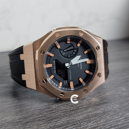 Casioak Mod Watch Rose Gold Case Black Rubber Strap Black Rose Gold Time Mark Black Dial 44mm- Casioak Mod Casio G-Shock Royal Oak Custom Mens Luxury Watches Ga2100