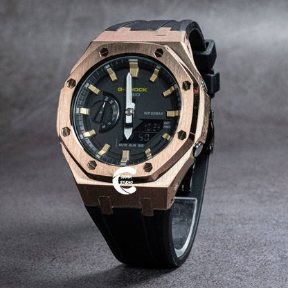 Casioak Mod Watch Rose Gold Case Black Rubber Strap Black Rose Gold Time Mark Black Dial 44mm- Casioak Mod Casio G-Shock Royal Oak Custom Mens Luxury Watches Ga2100