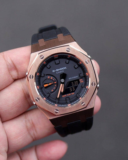 Casioak Mod Watch Rose Gold Case Black Rubber Strap Black Time Mark Balck Dial 44mm Orange- Casioak Mod Casio G-Shock Royal Oak Custom Mens Luxury Watches Ga2100