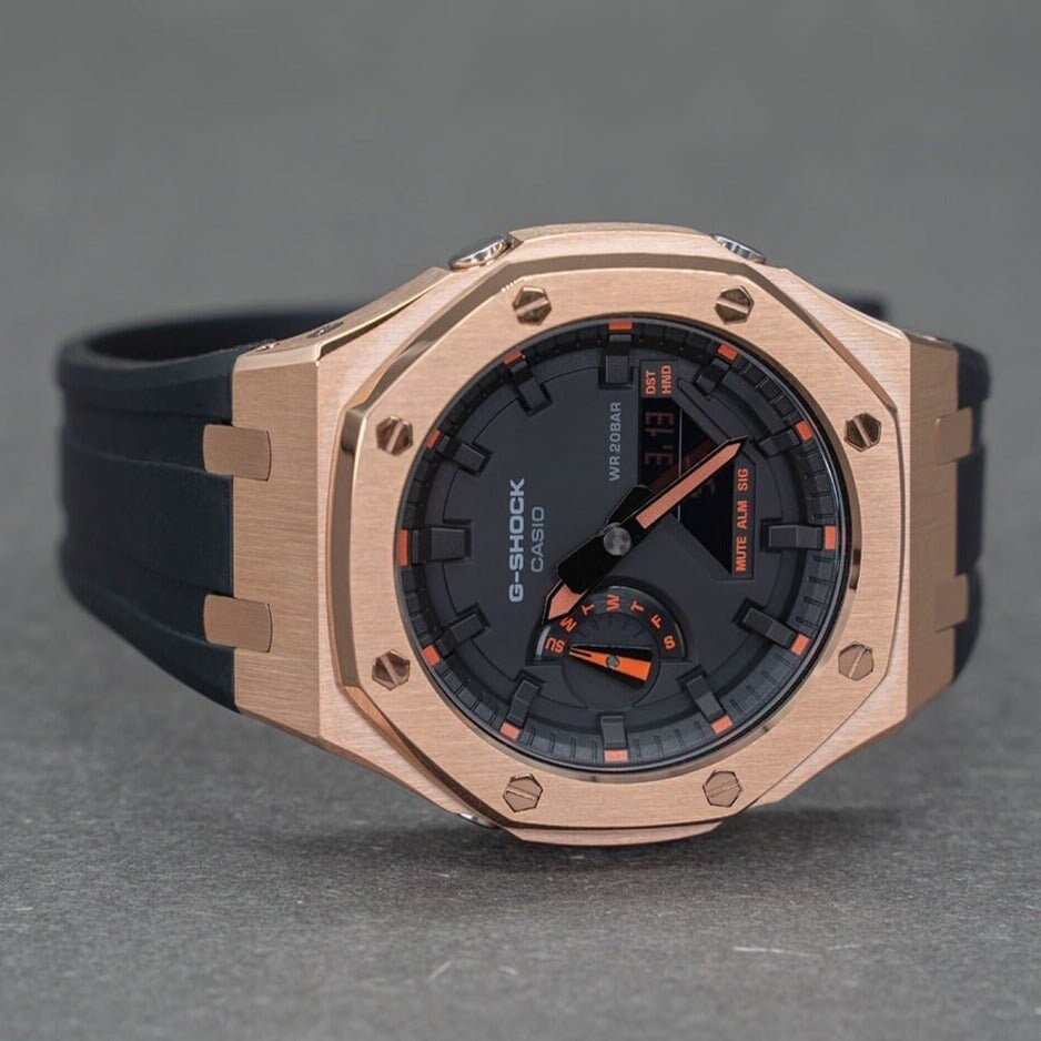 Casioak Mod Watch Rose Gold Case Black Rubber Strap Black Time Mark Balck Dial 44mm Orange- Casioak Mod Casio G-Shock Royal Oak Custom Mens Luxury Watches Ga2100