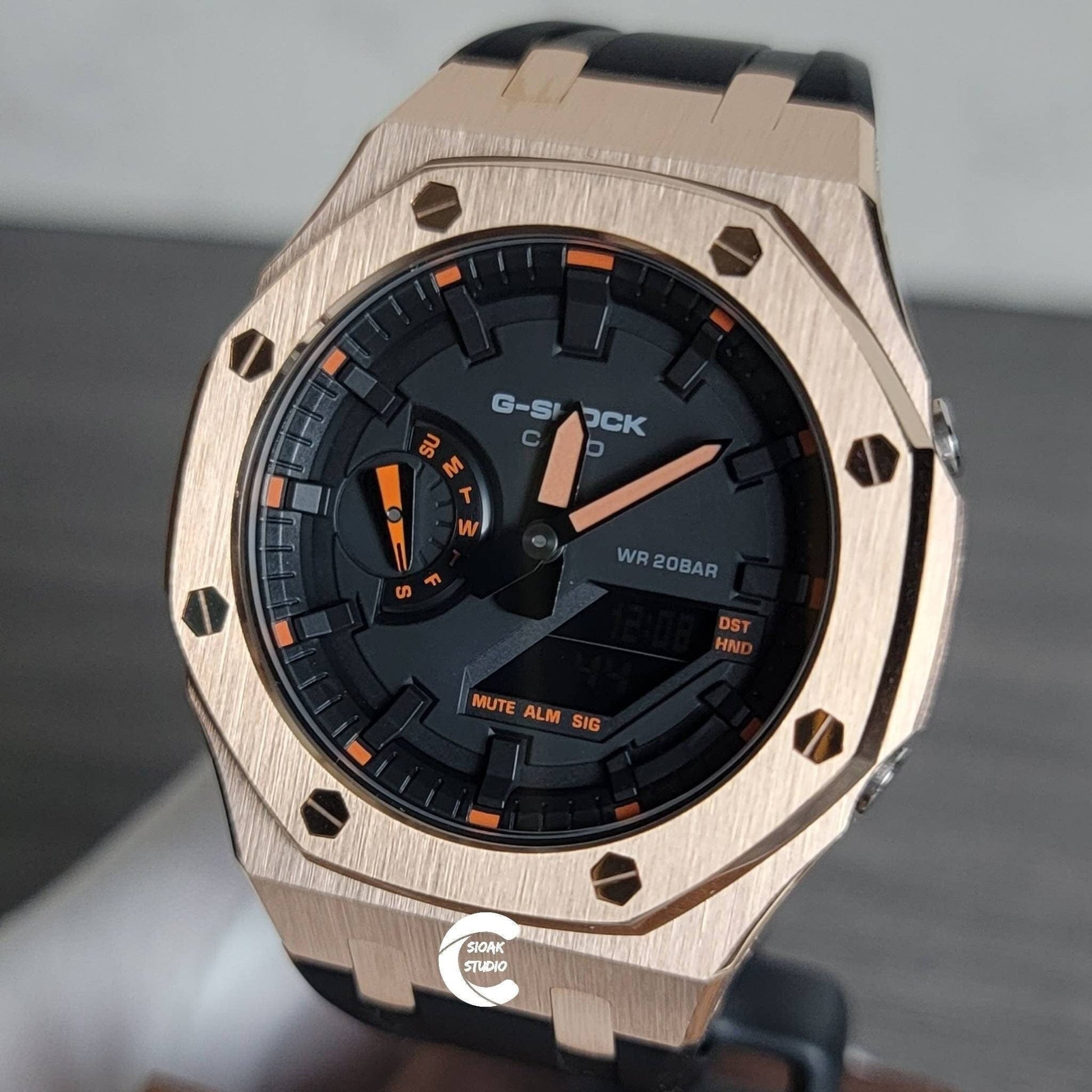 Casioak Mod Watch Rose Gold Case Black Rubber Strap Black Time Mark Black Dial 44mm- Casioak Mod Casio G-Shock Royal Oak Custom Mens Luxury Watches Ga2100