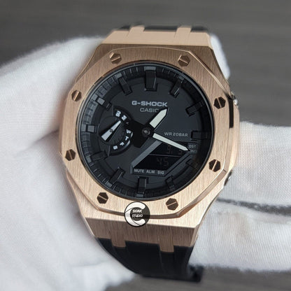 Casioak Mod Watch Rose Gold Case Black Rubber Strap Black Time Mark Black Dial 44mm- Casioak Mod Casio G-Shock Royal Oak Custom Mens Luxury Watches Ga2100