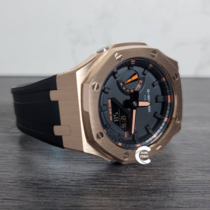 Casioak Mod Watch Rose Gold Case Black Rubber Strap Black Time Mark Black Dial 44mm- Casioak Mod Casio G-Shock Royal Oak Custom Mens Luxury Watches Ga2100