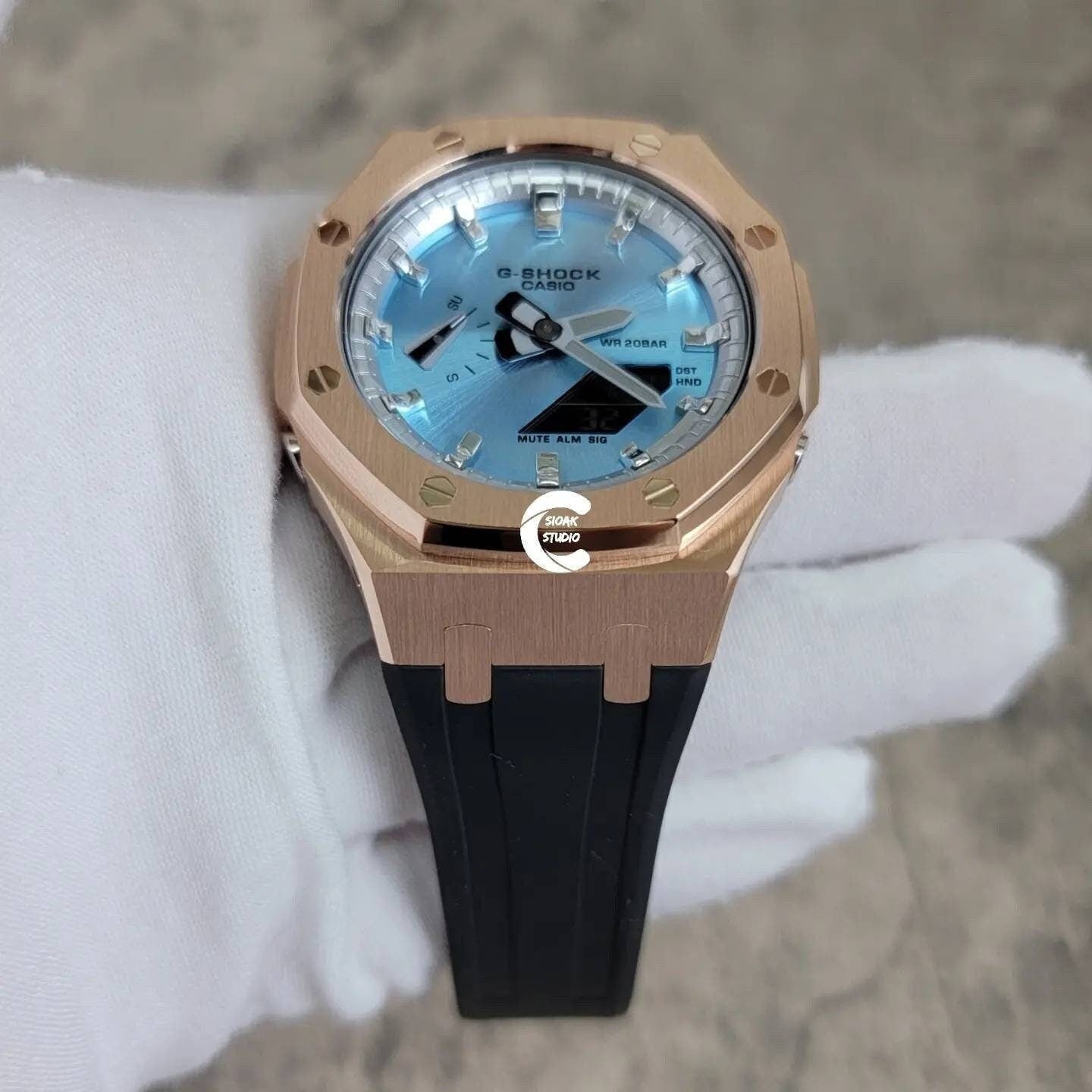 Casioak Mod Watch Rose Gold Case Black Rubber Strap Silver Time Mark Ice Blue Dial 44mm Gray- Casioak Mod Casio G-Shock Royal Oak Custom Mens Luxury Watches Ga2100