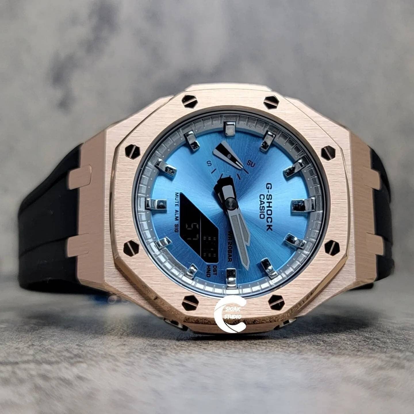 Casioak Mod Watch Rose Gold Case Black Rubber Strap Silver Time Mark Ice Blue Dial 44mm Gray- Casioak Mod Casio G-Shock Royal Oak Custom Mens Luxury Watches Ga2100