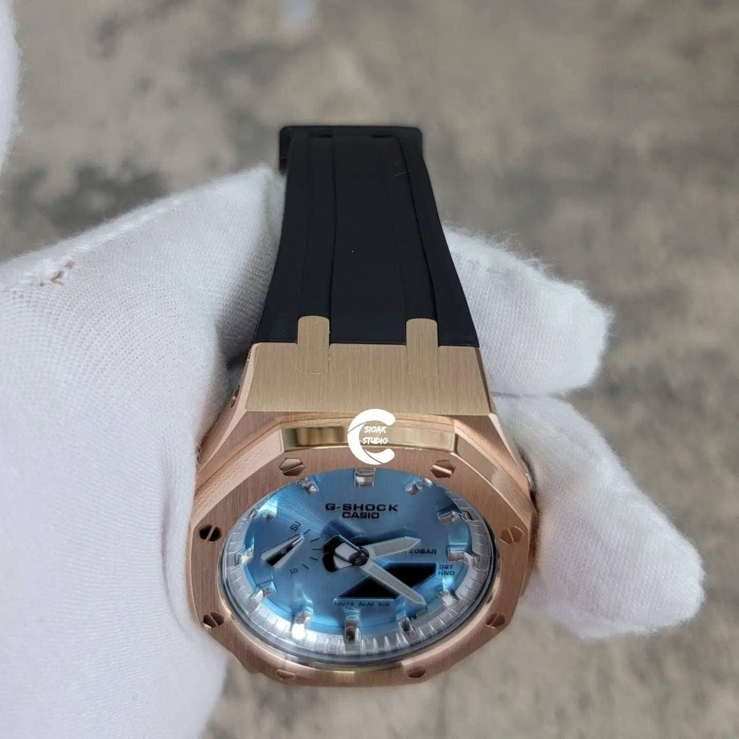 Casioak Mod Watch Rose Gold Case Black Rubber Strap Silver Time Mark Ice Blue Dial 44mm Gray- Casioak Mod Casio G-Shock Royal Oak Custom Mens Luxury Watches Ga2100