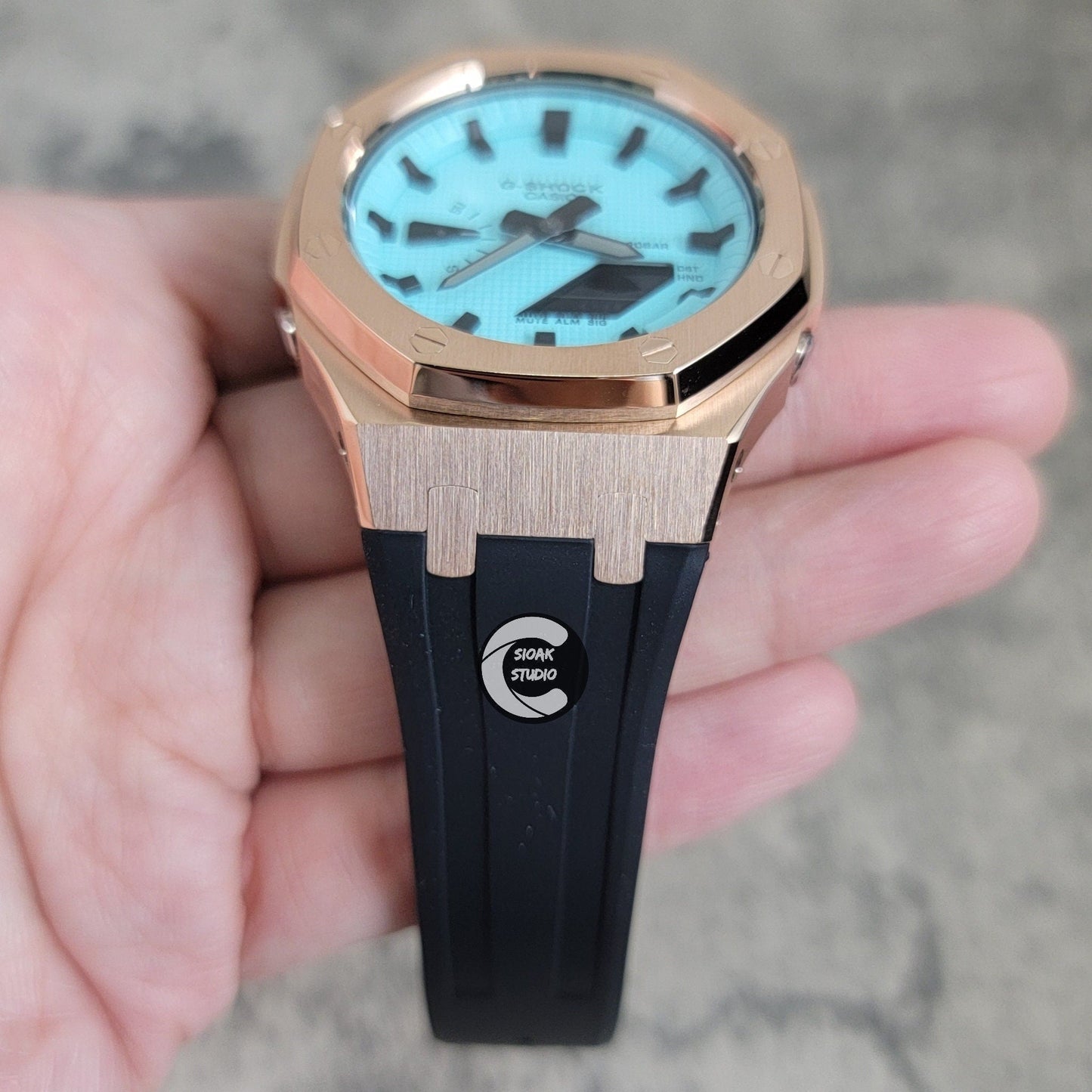 Casioak Mod Watch Rose Gold Case Black Rubber Strap Tiff Blue Time Mark Tiff Blue Dial 44mm- Casioak Mod Casio G-Shock Royal Oak Custom Mens Luxury Watches Ga2100