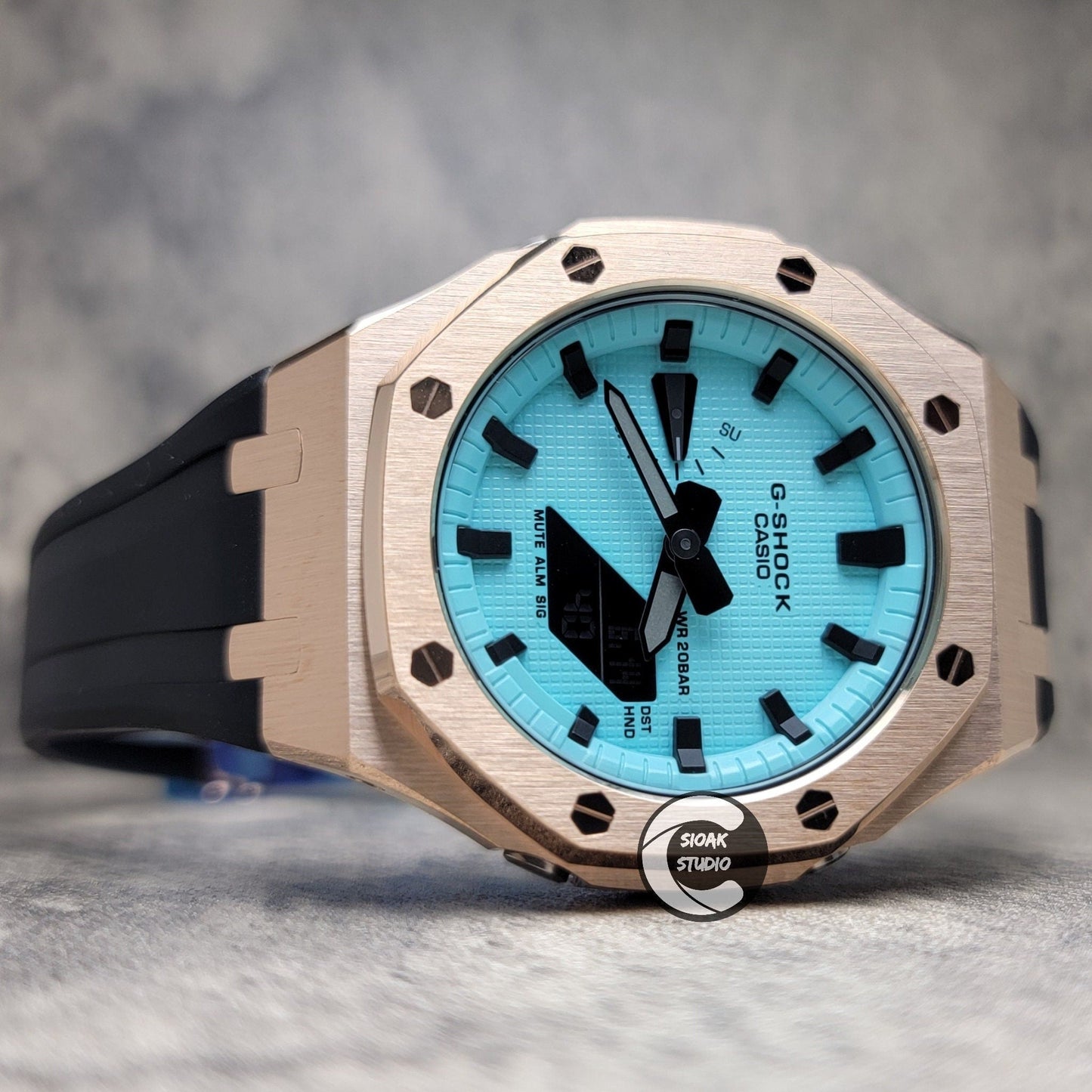 Casioak Mod Watch Rose Gold Case Black Rubber Strap Tiff Blue Time Mark Tiff Blue Dial 44mm- Casioak Mod Casio G-Shock Royal Oak Custom Mens Luxury Watches Ga2100