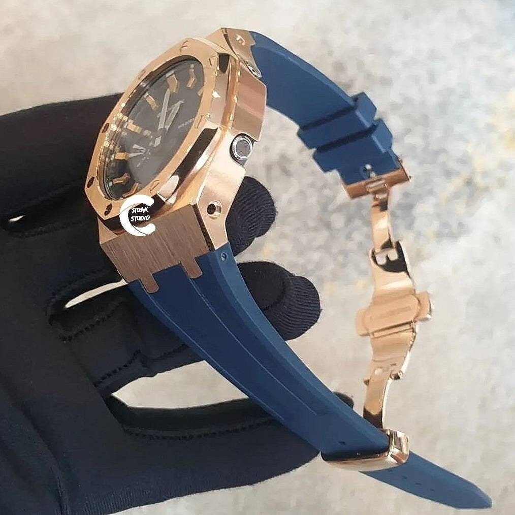 Casioak Mod Watch Rose Gold Case Blue Rubber Strap Blue Rose Gold Time Mark Blue Dial 44mm- Casioak Mod Casio G-Shock Royal Oak Custom Mens Luxury Watches Ga2100