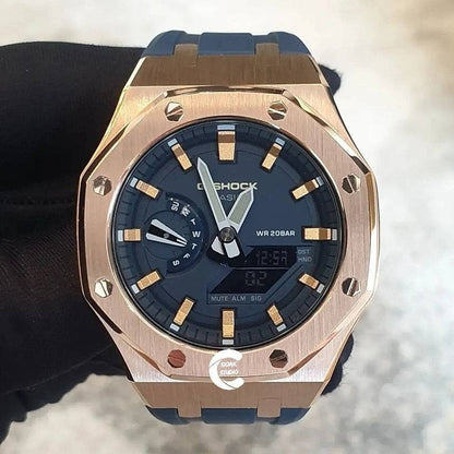 Casioak Mod Watch Rose Gold Case Blue Rubber Strap Blue Rose Gold Time Mark Blue Dial 44mm- Casioak Mod Casio G-Shock Royal Oak Custom Mens Luxury Watches Ga2100