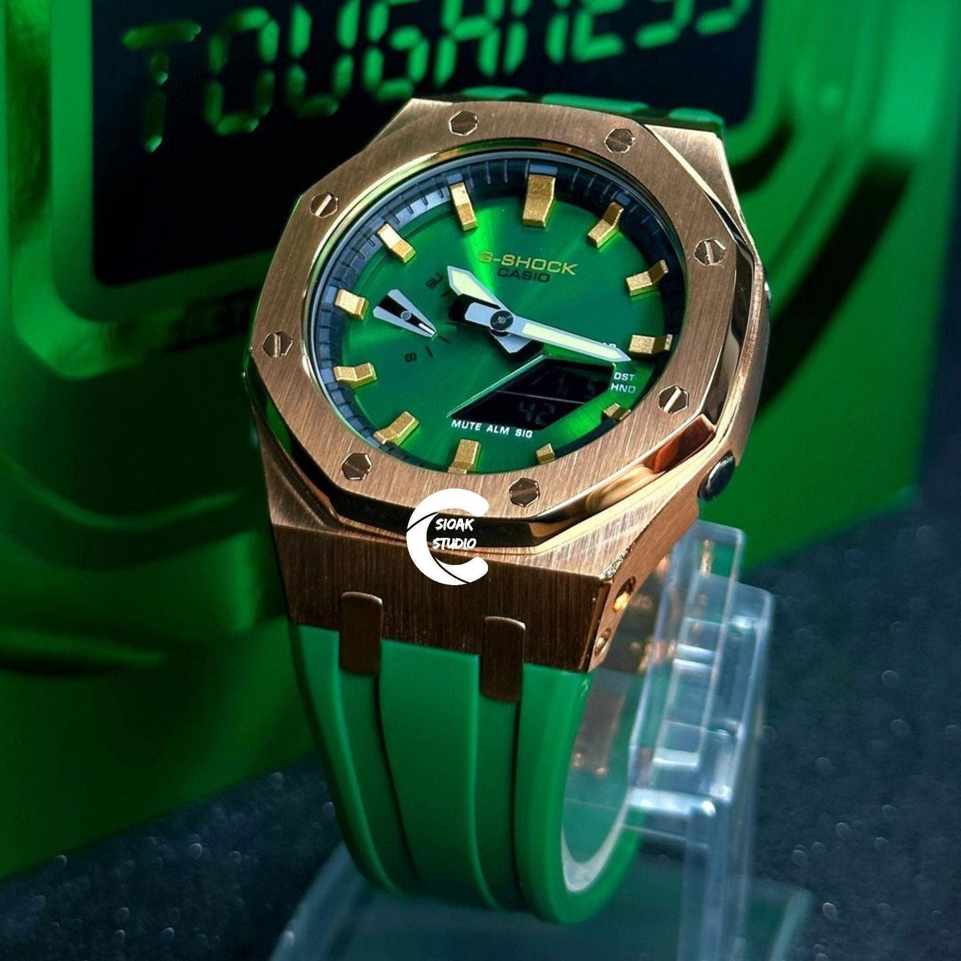 Casioak Mod Watch Rose Gold Case Green Rubber Strap Black Gold Time Mark Green Dial 44mm- Casioak Mod Casio G-Shock Royal Oak Custom Mens Luxury Watches Ga2100