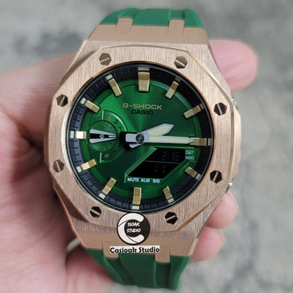 Casioak Mod Watch Rose Gold Case Green Rubber Strap Black Gold Time Mark Green Dial 44mm- Casioak Mod Casio G-Shock Royal Oak Custom Mens Luxury Watches Ga2100