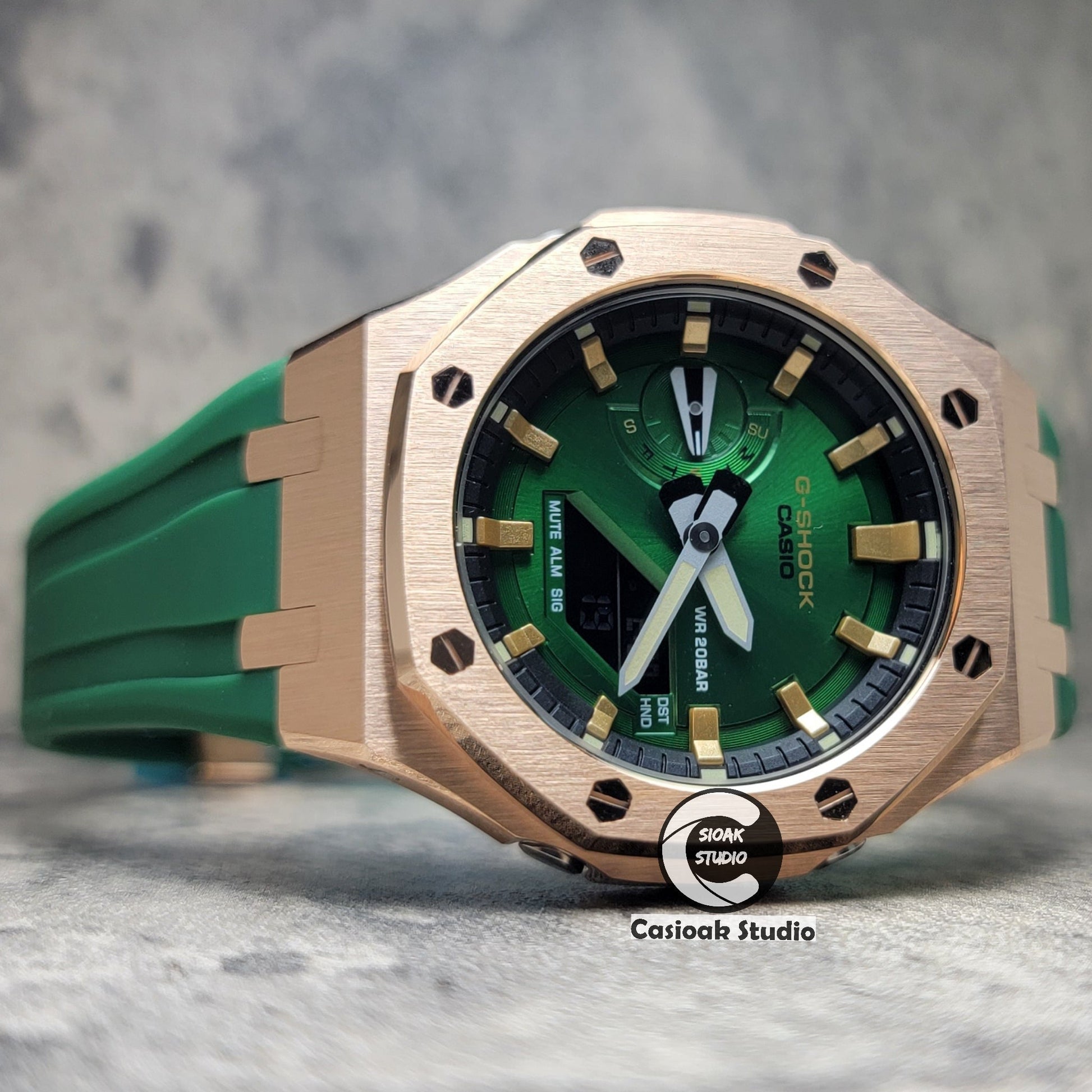 Casioak Mod Watch Rose Gold Case Green Rubber Strap Black Gold Time Mark Green Dial 44mm- Casioak Mod Casio G-Shock Royal Oak Custom Mens Luxury Watches Ga2100