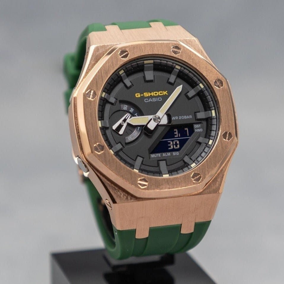 Casioak Mod Watch Rose Gold Case Green Rubber Strap Black Gray Time Mark Black Dial 44mm Yellow- Casioak Mod Casio G-Shock Royal Oak Custom Mens Luxury Watches Ga2100