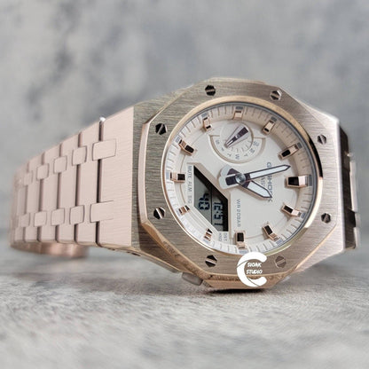 Casioak Mod Watch Rose Gold Case Metal Strap Beige Rose Gold Time Mark Beige Dial 42mm- Casioak Mod Casio G-Shock Royal Oak Custom Mens Luxury Watches Ga2100