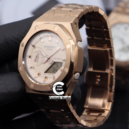 Casioak Mod Watch Rose Gold Case Metal Strap Beige Rose Gold Time Mark Beige Dial 42mm- Casioak Mod Casio G-Shock Royal Oak Custom Mens Luxury Watches Ga2100