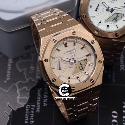 Casioak Mod Watch Rose Gold Case Metal Strap Beige Rose Gold Time Mark Beige Dial 42mm- Casioak Mod Casio G-Shock Royal Oak Custom Mens Luxury Watches Ga2100