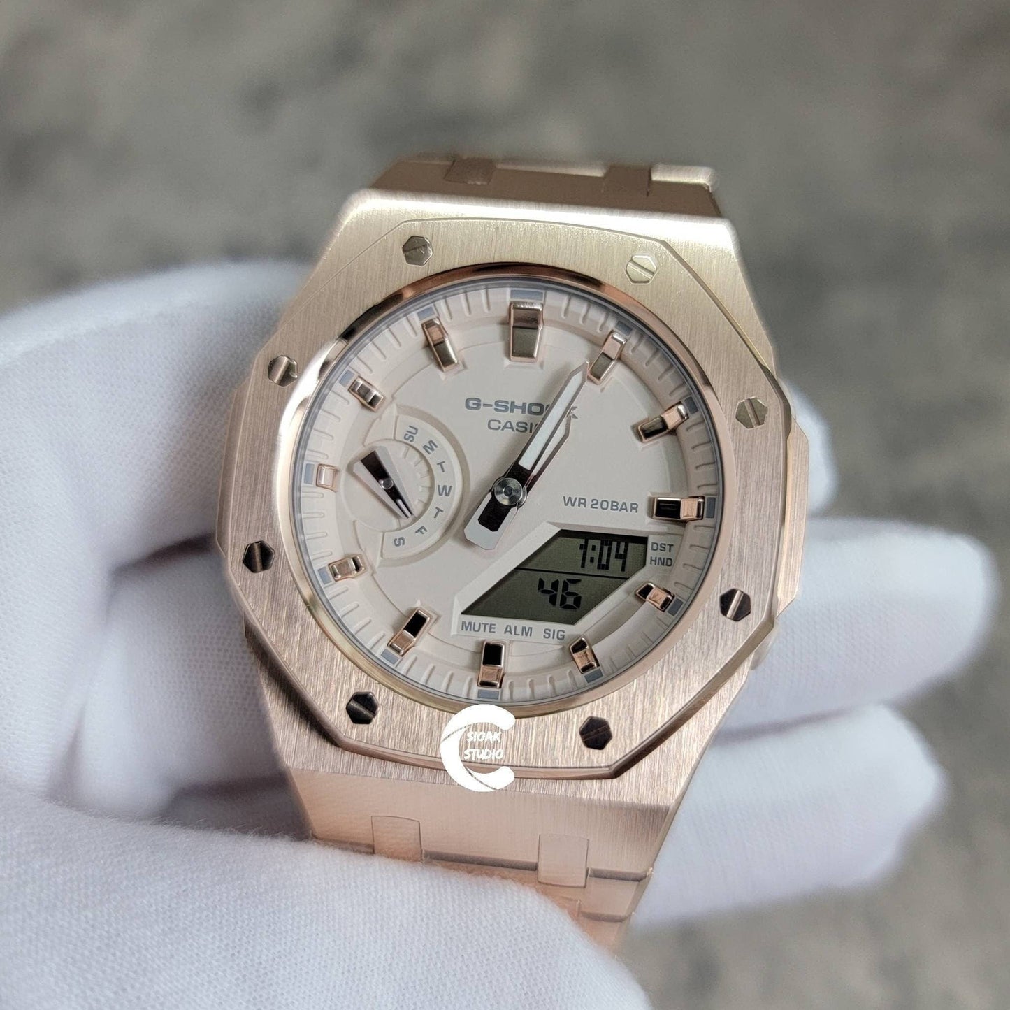 Casioak Mod Watch Rose Gold Case Metal Strap Beige Rose Gold Time Mark Beige Dial 42mm- Casioak Mod Casio G-Shock Royal Oak Custom Mens Luxury Watches Ga2100