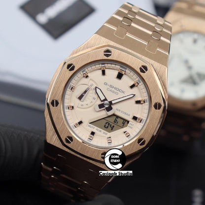 Casioak Mod Watch Rose Gold Case Metal Strap Beige Rose Gold Time Mark Beige Dial 42mm- Casioak Mod Casio G-Shock Royal Oak Custom Mens Luxury Watches Ga2100