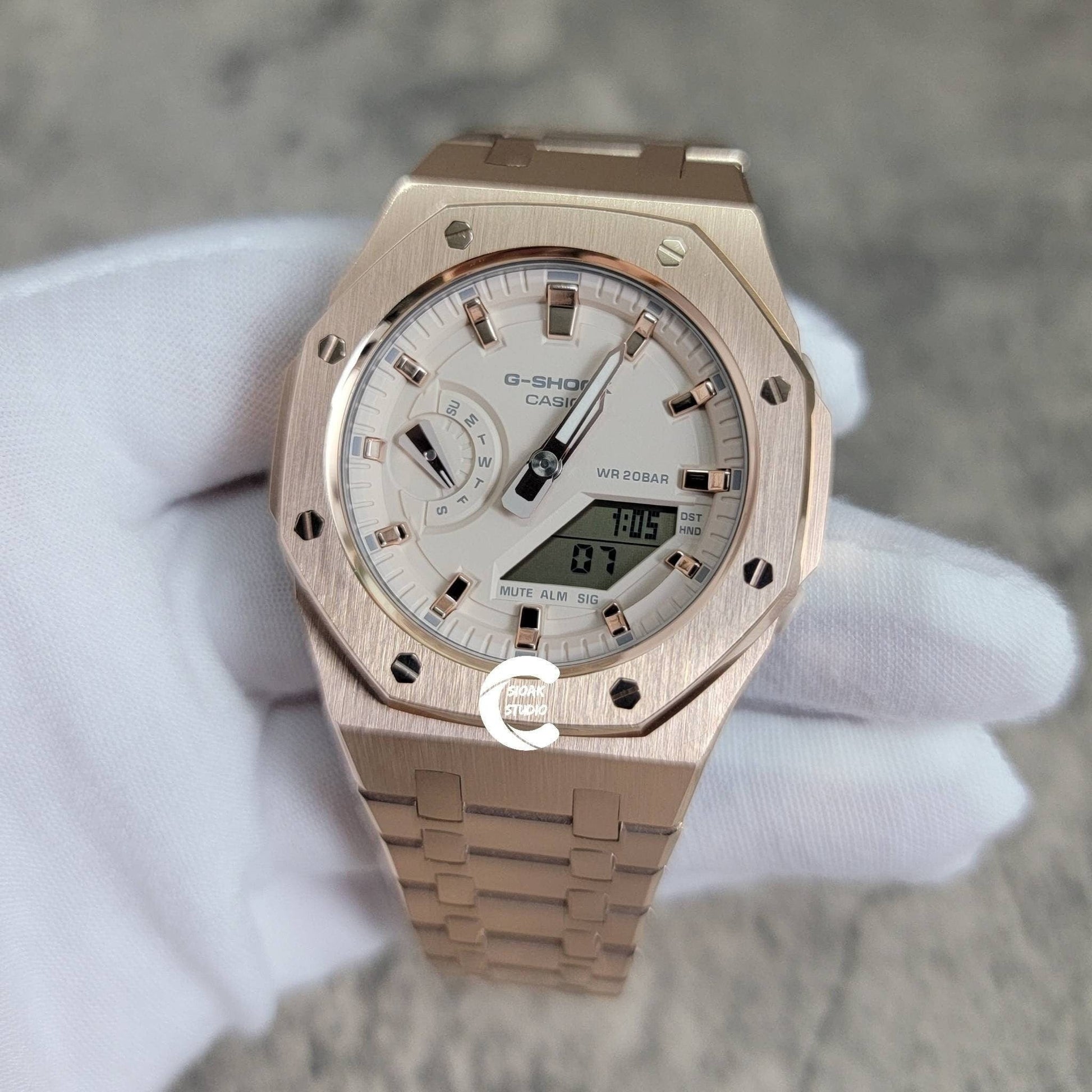 Casioak Mod Watch Rose Gold Case Metal Strap Beige Rose Gold Time Mark Beige Dial 42mm- Casioak Mod Casio G-Shock Royal Oak Custom Mens Luxury Watches Ga2100