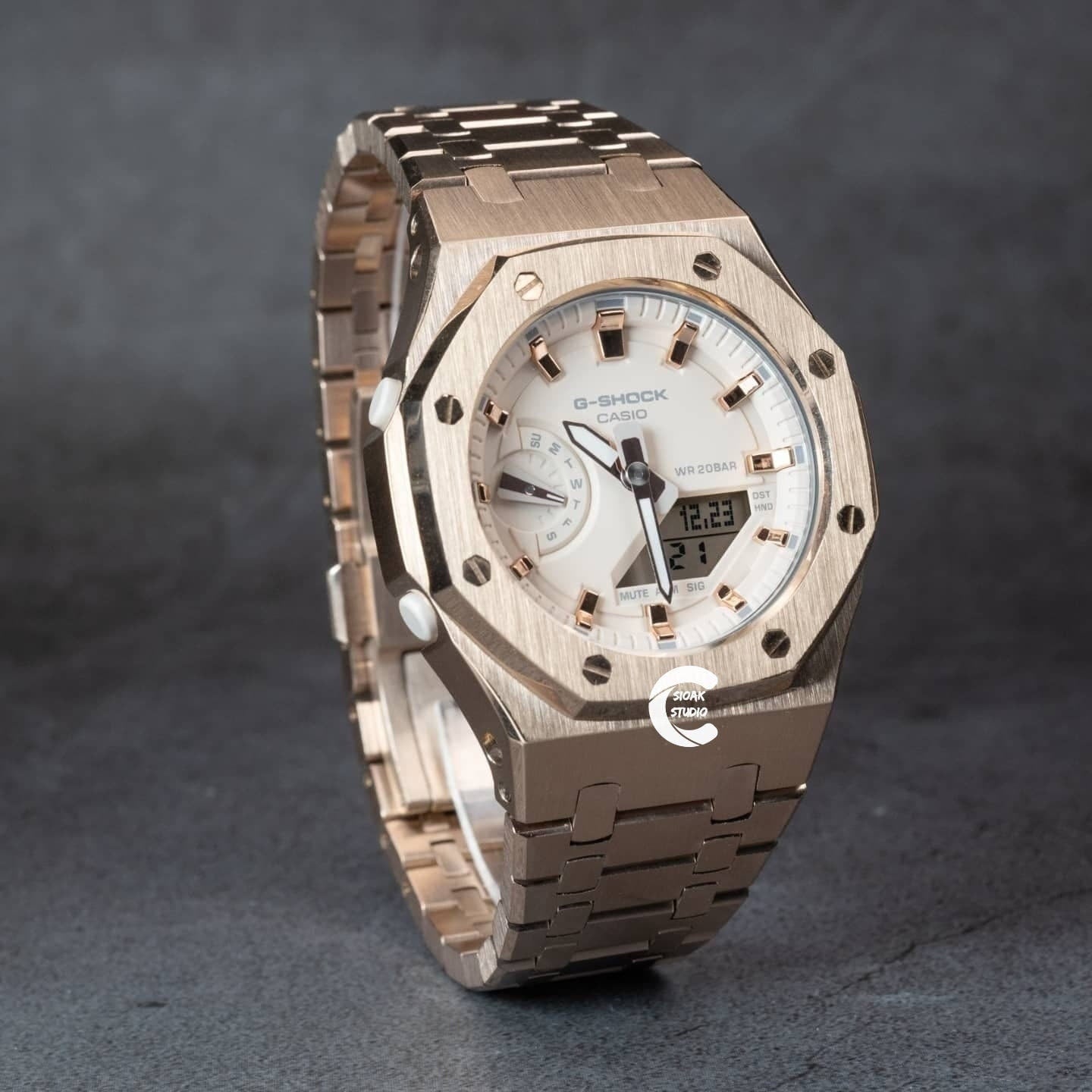 Casioak Mod Watch Rose Gold Case Metal Strap Beige Rose Gold Time Mark Beige Dial 42mm- Casioak Mod Casio G-Shock Royal Oak Custom Mens Luxury Watches Ga2100