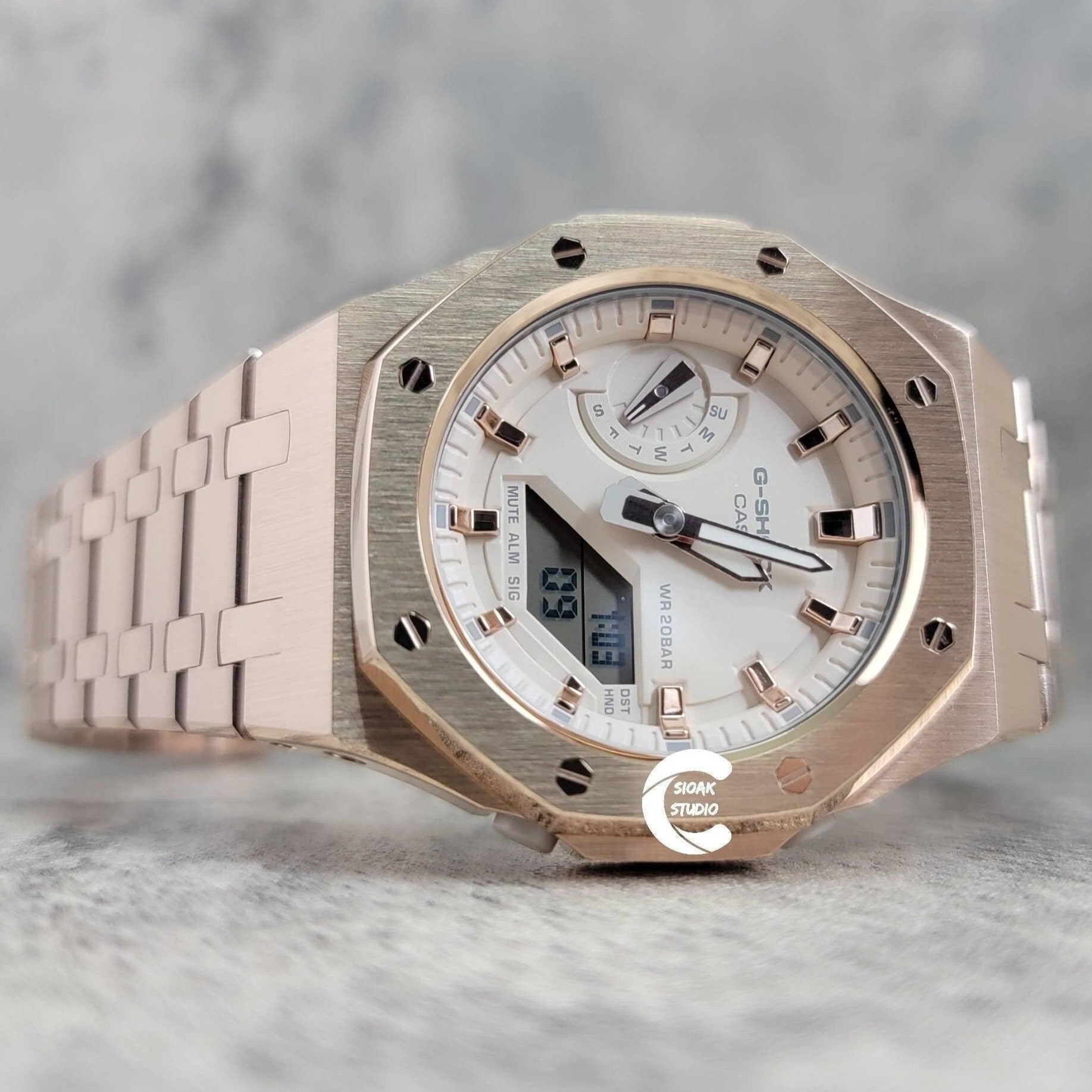 Casioak Mod Watch Rose Gold Case Metal Strap Beige Rose Gold Time Mark Beige Dial 42mm- Casioak Mod Casio G-Shock Royal Oak Custom Mens Luxury Watches Ga2100