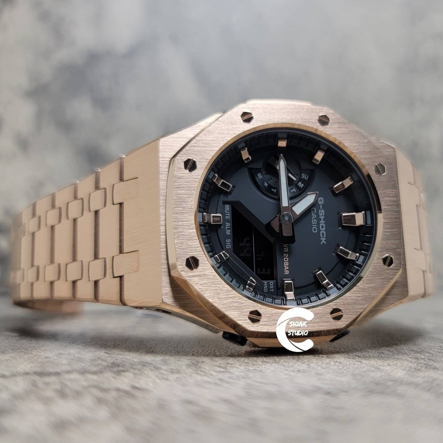 Casioak Mod Watch Rose Gold Case Metal Strap Black Gold Time Mark Black Rose Gold Dial 42mm- Casioak Mod Casio G-Shock Royal Oak Custom Mens Luxury Watches Ga2100