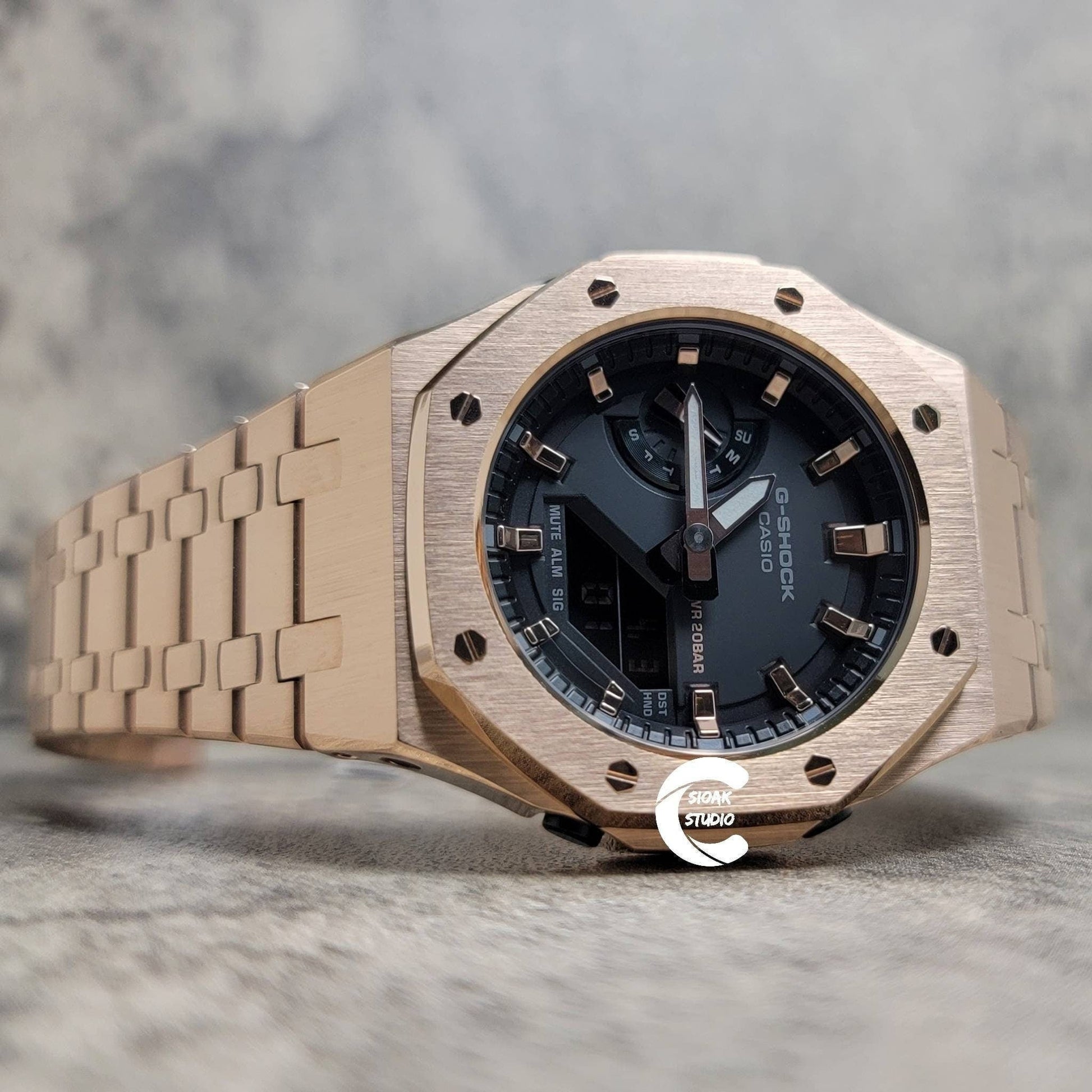 Casioak Mod Watch Rose Gold Case Metal Strap Black Gold Time Mark Black Rose Gold Dial 42mm- Casioak Mod Casio G-Shock Royal Oak Custom Mens Luxury Watches Ga2100