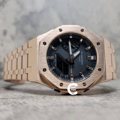 Casioak Mod Watch Rose Gold Case Metal Strap Black Gold Time Mark Black Rose Gold Dial 42mm- Casioak Mod Casio G-Shock Royal Oak Custom Mens Luxury Watches Ga2100