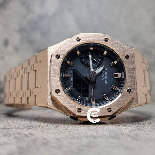 Casioak Mod Watch Rose Gold Case Metal Strap Black Gold Time Mark Black Rose Gold Dial 42mm- Casioak Mod Casio G-Shock Royal Oak Custom Mens Luxury Watches Ga2100