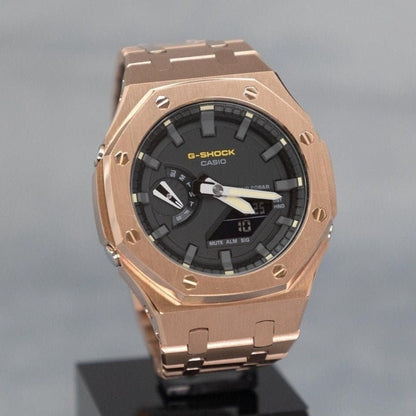 Casioak Mod Watch Rose Gold Case Metal Strap Black Gray Time Mark Black Dial 44mm Yellow Hnads- Casioak Mod Casio G-Shock Royal Oak Custom Mens Luxury Watches Ga2100