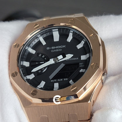 Casioak Mod Watch Rose Gold Case Metal Strap Black Light Gray Time Mark Black Dial 44mm- Casioak Mod Casio G-Shock Royal Oak Custom Mens Luxury Watches Ga2100