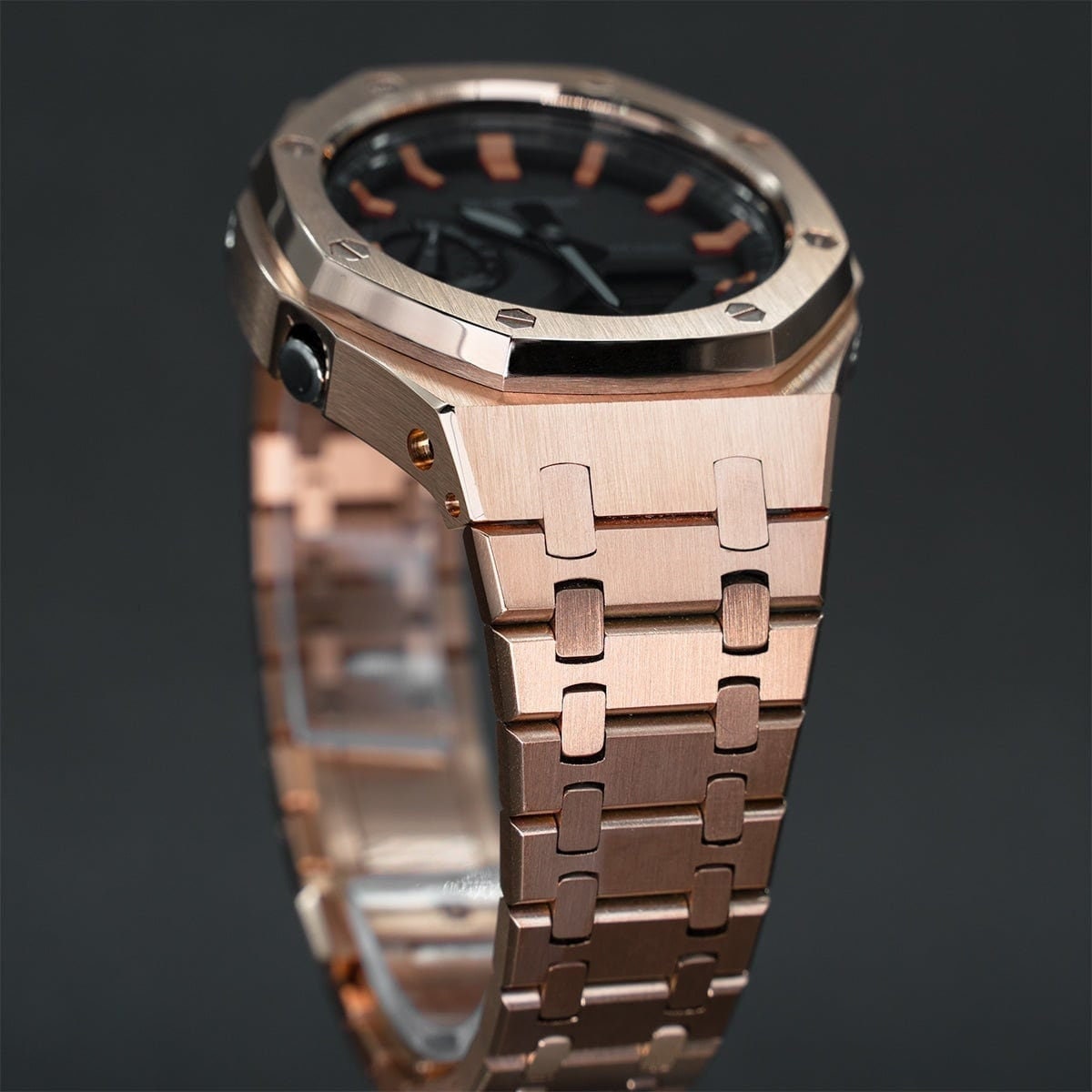 Casioak Mod Watch Rose Gold Case Metal Strap Black Rose Gold Time Mark Black Dial 44mm- Casioak Mod Casio G-Shock Royal Oak Custom Mens Luxury Watches Ga2100