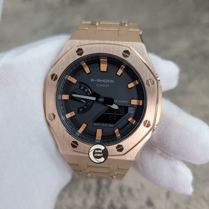 Casioak Mod Watch Rose Gold Case Metal Strap Black Rose Gold Time Mark Black Dial 44mm- Casioak Mod Casio G-Shock Royal Oak Custom Mens Luxury Watches Ga2100