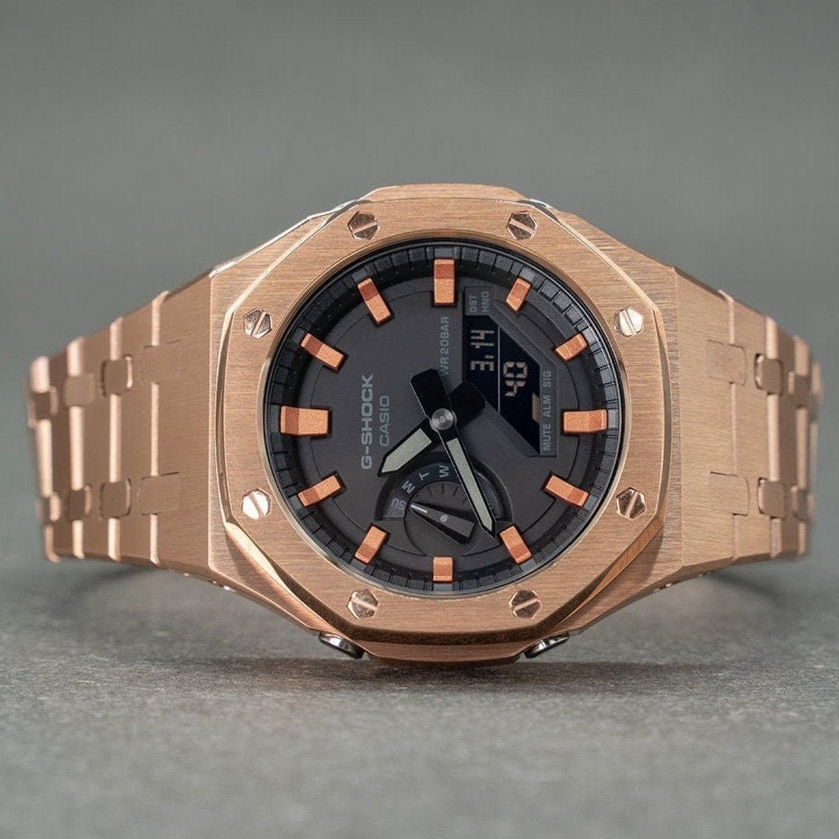 Casioak Mod Watch Rose Gold Case Metal Strap Black Rose Gold Time Mark Black Dial 44mm- Casioak Mod Casio G-Shock Royal Oak Custom Mens Luxury Watches Ga2100