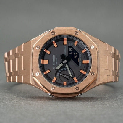 Casioak Mod Watch Rose Gold Case Metal Strap Black Rose Gold Time Mark Black Dial 44mm- Casioak Mod Casio G-Shock Royal Oak Custom Mens Luxury Watches Ga2100