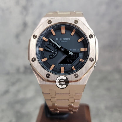 Casioak Mod Watch Rose Gold Case Metal Strap Black Rose Gold Time Mark Black Dial 44mm- Casioak Mod Casio G-Shock Royal Oak Custom Mens Luxury Watches Ga2100