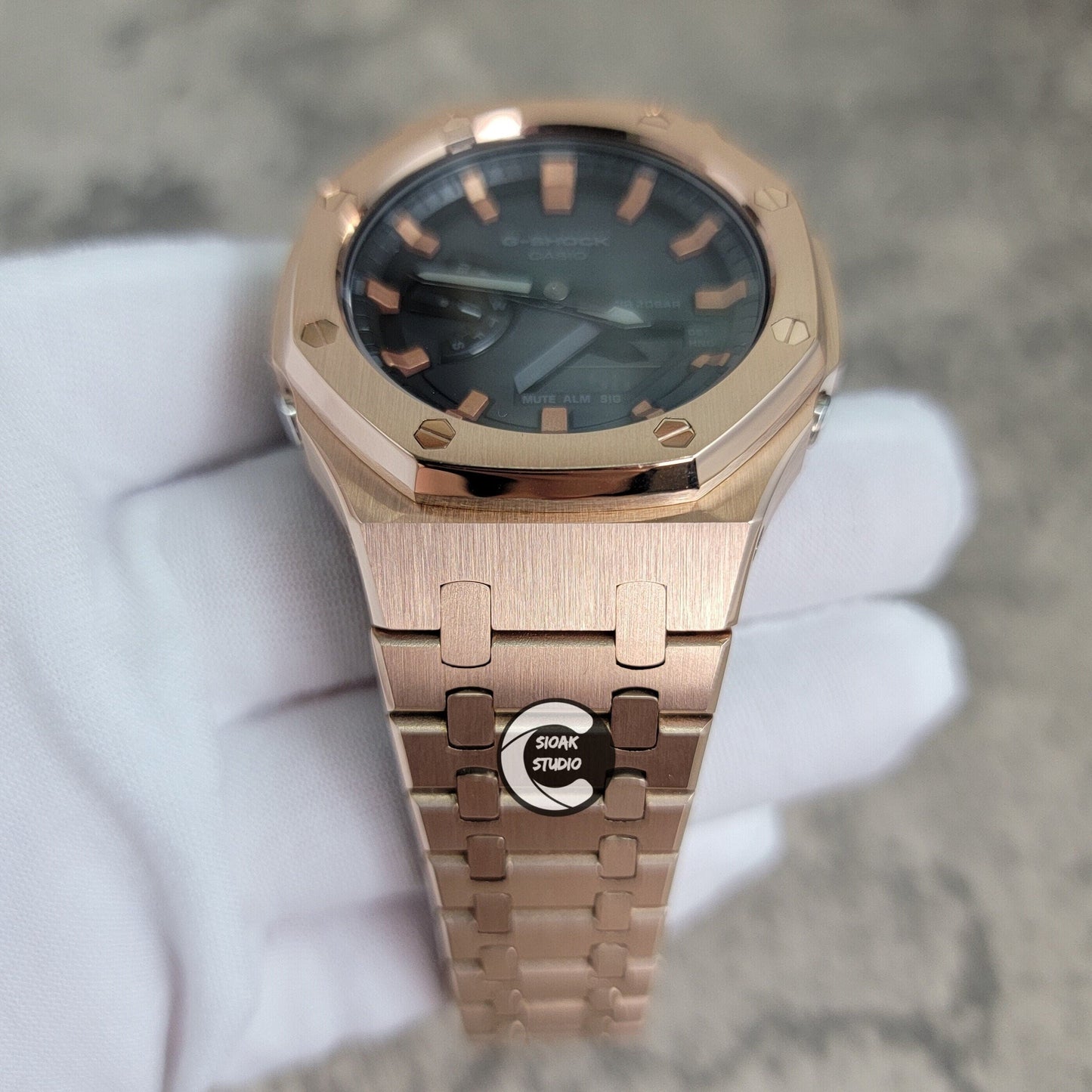 Casioak Mod Watch Rose Gold Case Metal Strap Black Rose Gold Time Mark Black Dial 44mm- Casioak Mod Casio G-Shock Royal Oak Custom Mens Luxury Watches Ga2100