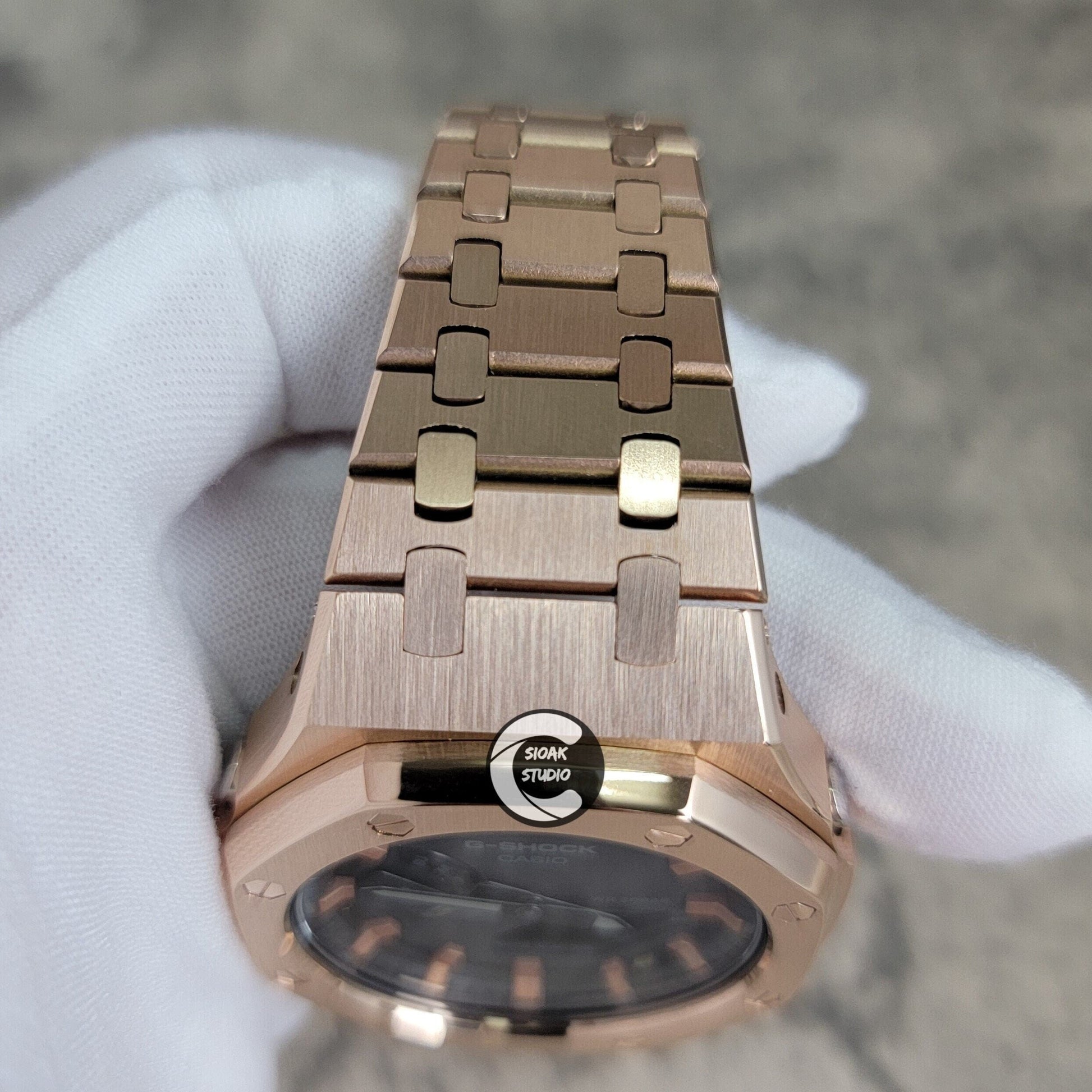 Casioak Mod Watch Rose Gold Case Metal Strap Black Rose Gold Time Mark Black Dial 44mm- Casioak Mod Casio G-Shock Royal Oak Custom Mens Luxury Watches Ga2100