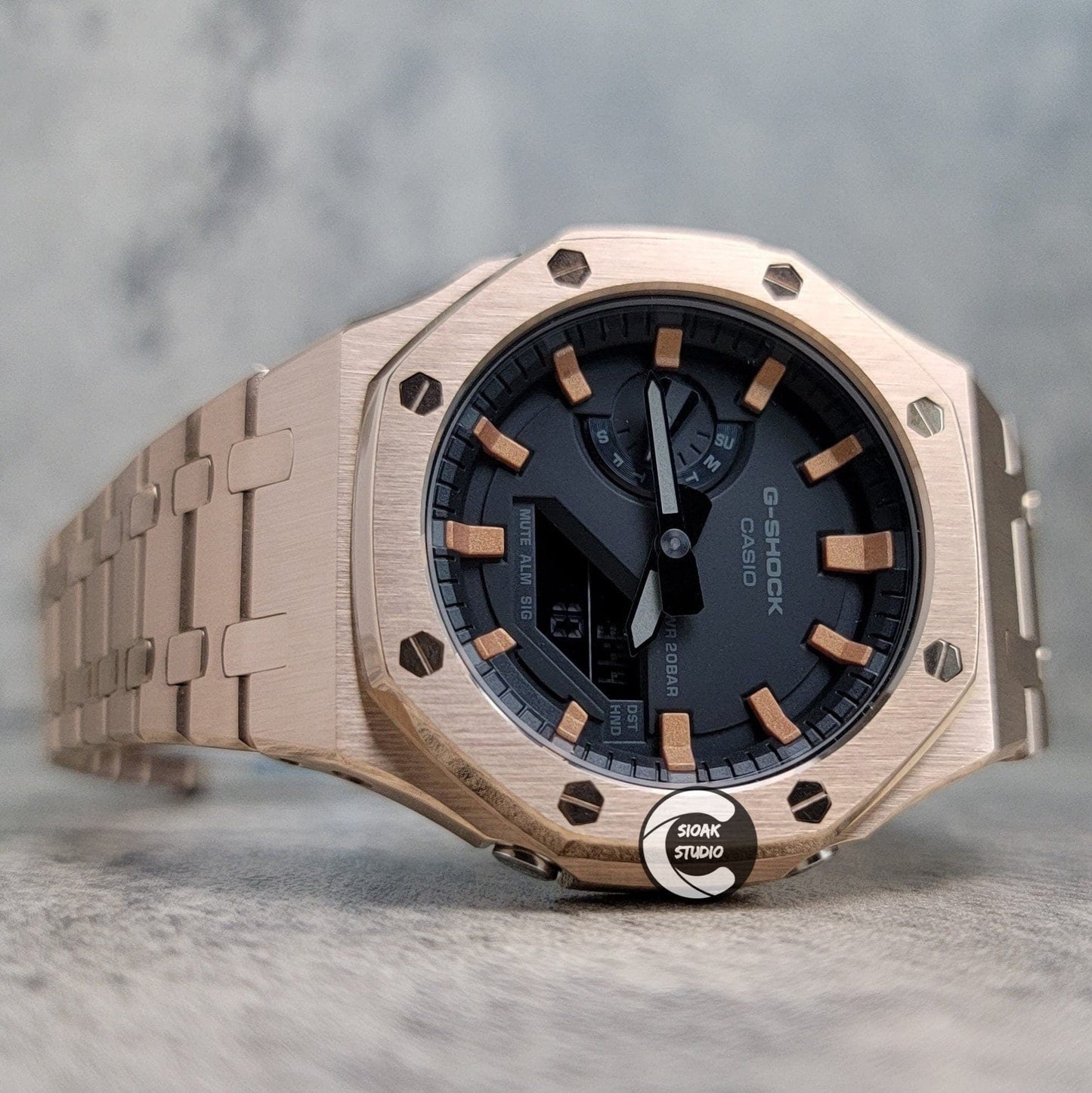 Casioak Mod Watch Rose Gold Case Metal Strap Black Rose Gold Time Mark Black Dial 44mm- Casioak Mod Casio G-Shock Royal Oak Custom Mens Luxury Watches Ga2100