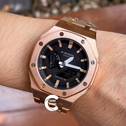 Casioak Mod Watch Rose Gold Case Metal Strap Black Rose Gold Time Mark Black Dial 44mm- Casioak Mod Casio G-Shock Royal Oak Custom Mens Luxury Watches Ga2100