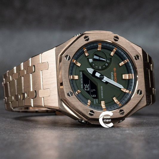 Casioak Mod Watch Rose Gold Case Metal Strap Black Rose Gold Time Mark Olive Dial 44mm- Casioak Mod Casio G-Shock Royal Oak Custom Mens Luxury Watches Ga2100