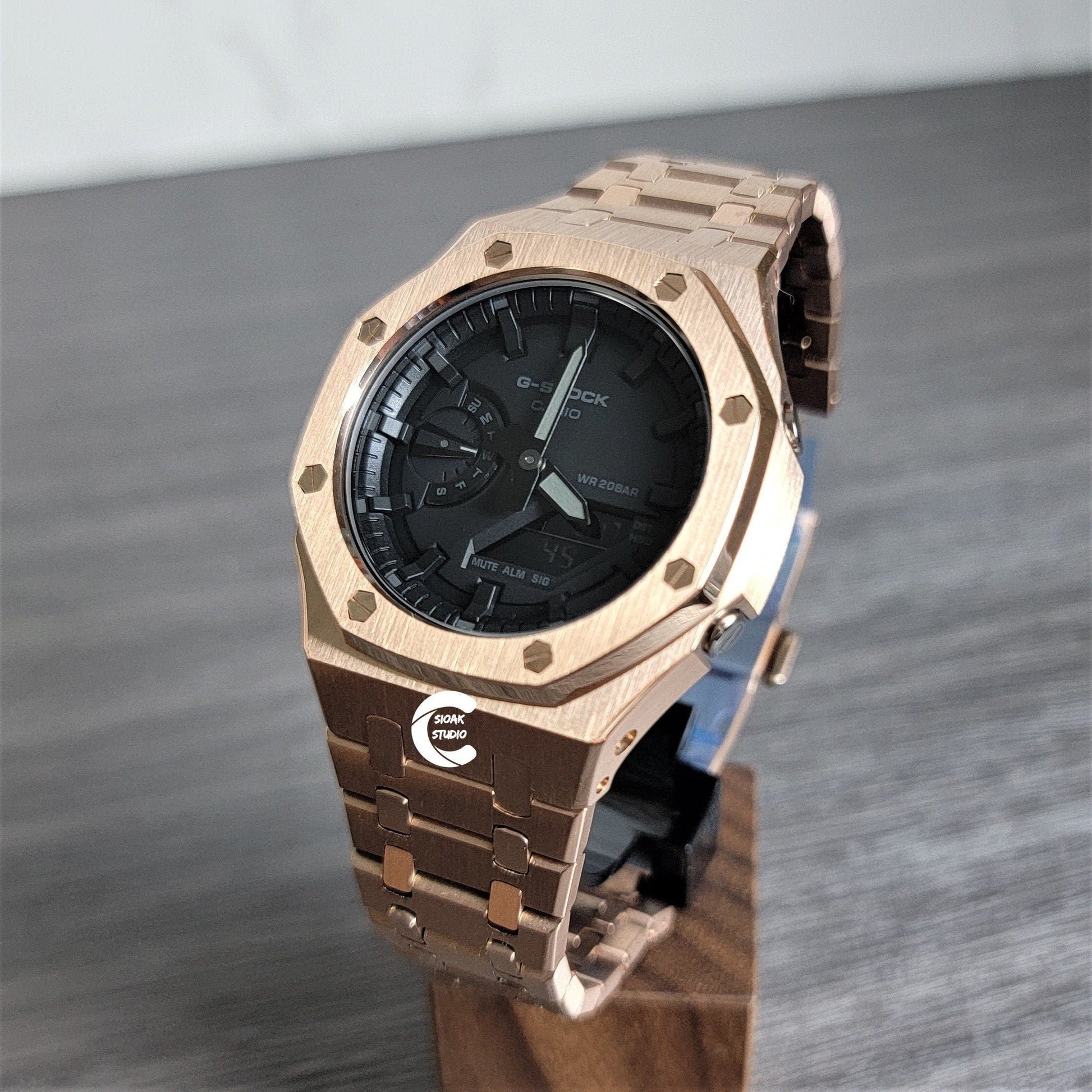 Casioak Mod Watch Rose Gold Case Metal Strap Black Time Mark Black Dial 44mm- Casioak Mod Casio G-Shock Royal Oak Custom Mens Luxury Watches Ga2100