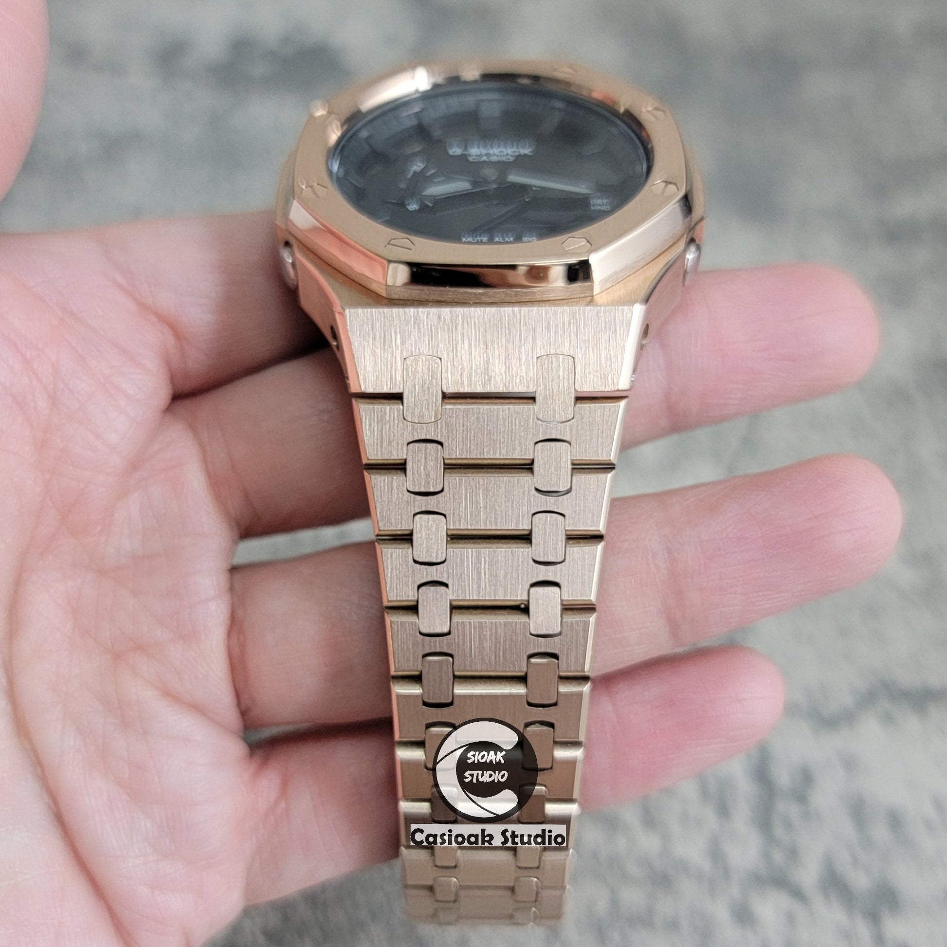 Casioak Mod Watch Rose Gold Case Metal Strap Black Time Mark Black Dial 44mm- Casioak Mod Casio G-Shock Royal Oak Custom Mens Luxury Watches Ga2100