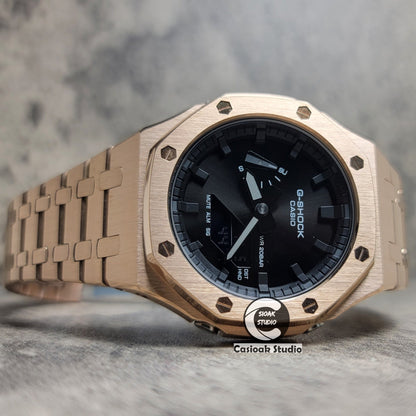 Casioak Mod Watch Rose Gold Case Metal Strap Black Time Mark Black Dial 44mm- Casioak Mod Casio G-Shock Royal Oak Custom Mens Luxury Watches Ga2100