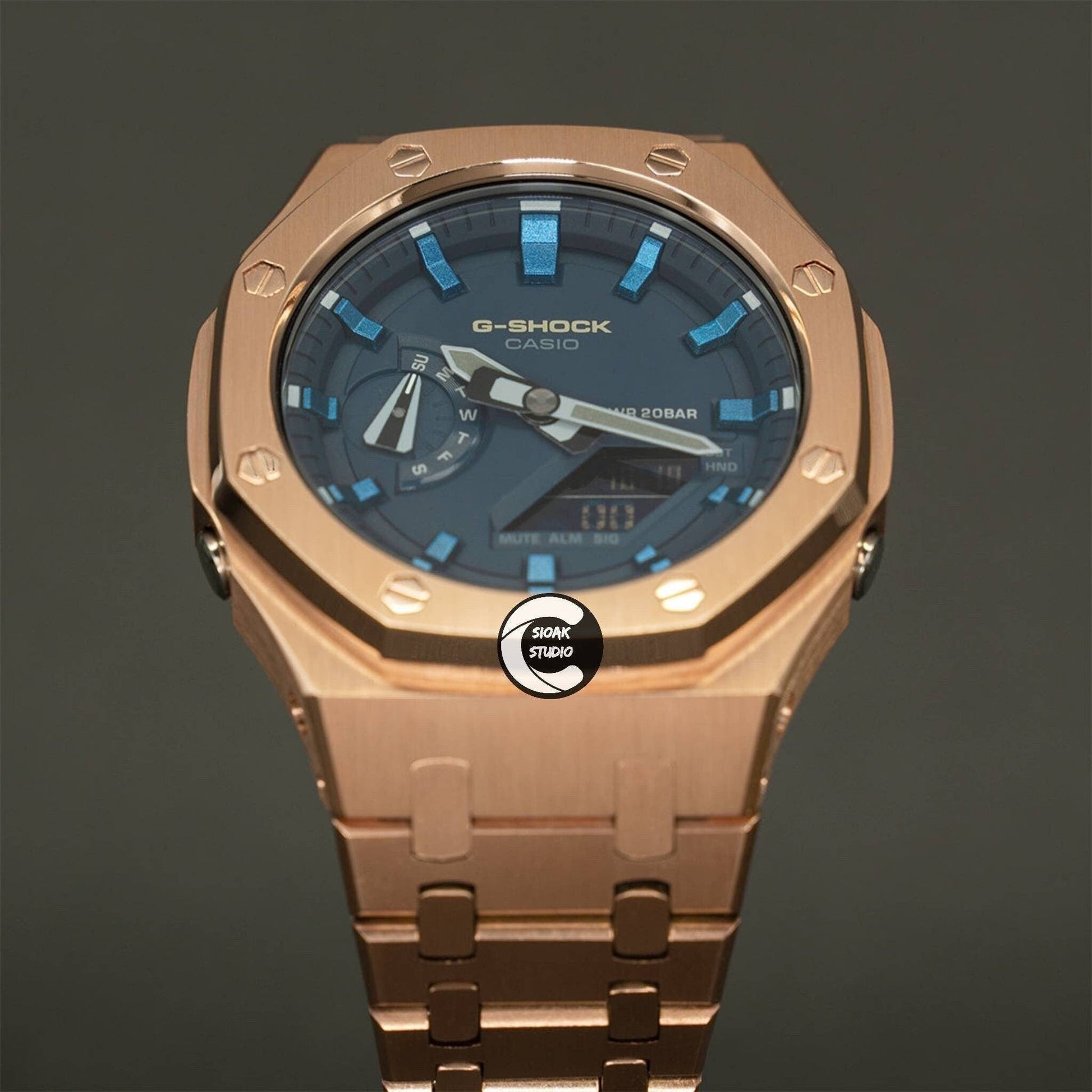 Casioak Mod Watch Rose Gold Case Metal Strap Blue Blue Time Mark Blue Dial 44mm- Casioak Mod Casio G-Shock Royal Oak Custom Mens Luxury Watches Ga2100