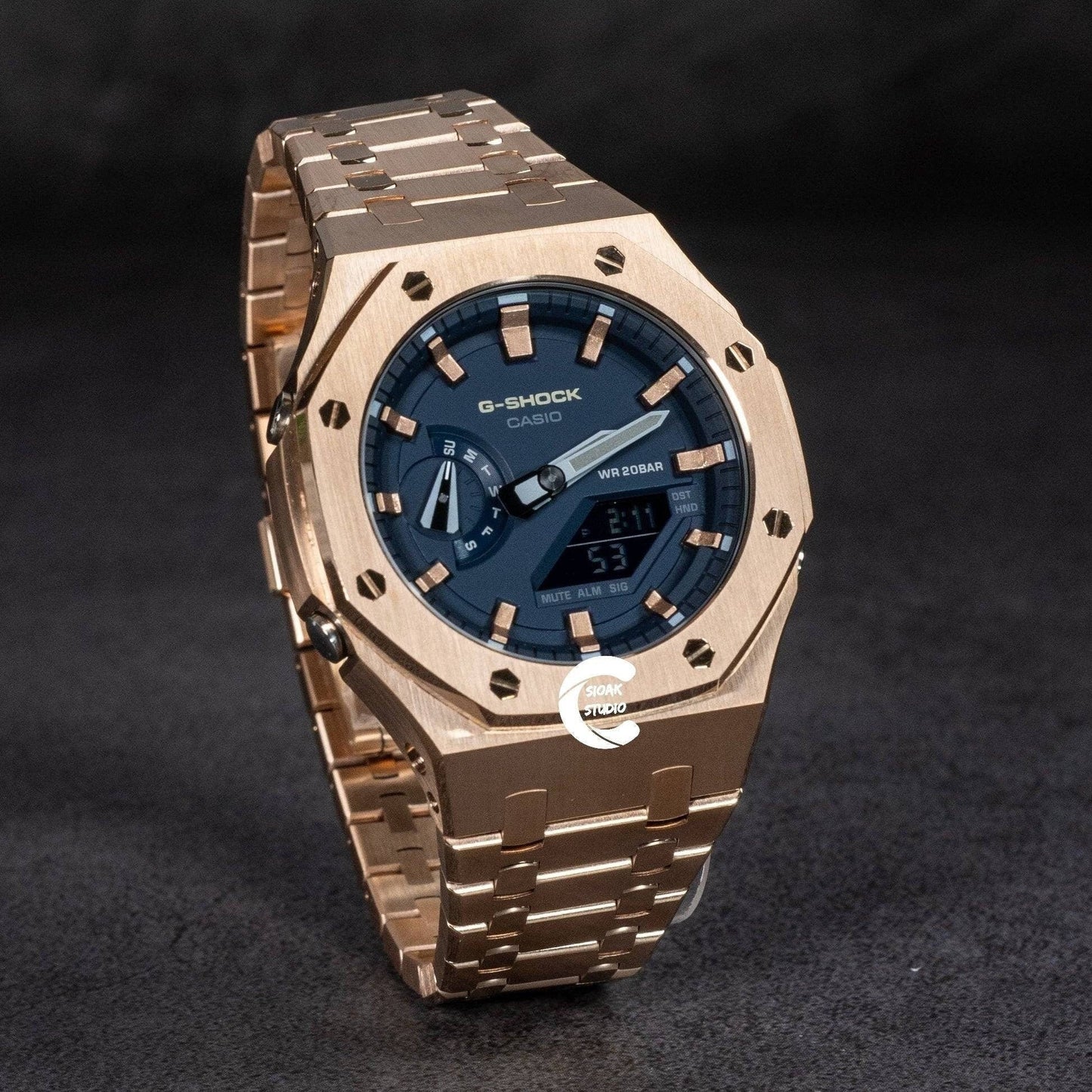 Casioak Mod Watch Rose Gold Case Metal Strap Blue Rose Gold Time Mark Blue Dial 44mm- Casioak Mod Casio G-Shock Royal Oak Custom Mens Luxury Watches Ga2100