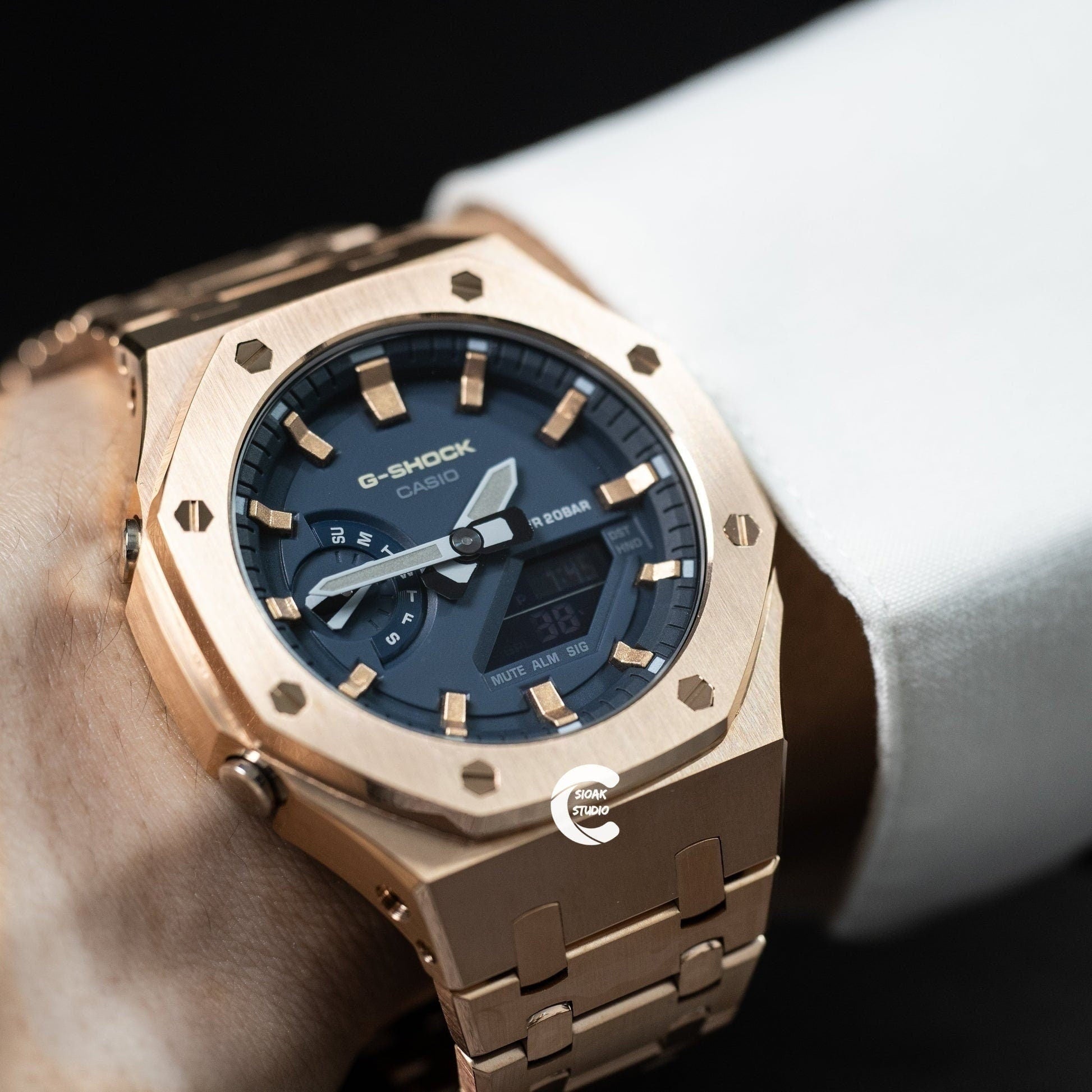 Casioak Mod Watch Rose Gold Case Metal Strap Blue Rose Gold Time Mark Blue Dial 44mm- Casioak Mod Casio G-Shock Royal Oak Custom Mens Luxury Watches Ga2100